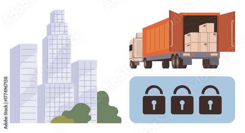 Delivery truck loaded with boxes, urban buildings in the background, and three locked padlocks. Ideal for logistics, cargo safety, transportation, supply chain, e-commerce, security urban trade