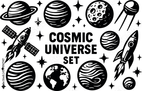 Cosmic universe set with rockets planets stars and satellite vector icons collection