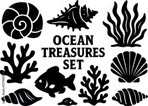 Ocean treasures set with seashells coral fish and seaweed vector icons in black silhouette style for marine design
