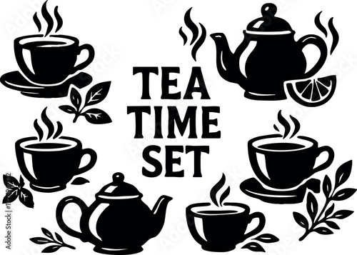 Tea time set with teapots, teacups, lemon slice, and steam design elements in black and white vector illustration