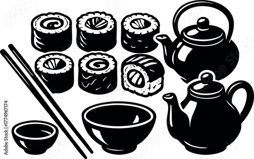 Sushi rolls with teapots and bowls traditional Japanese food vector illustration in black and white design