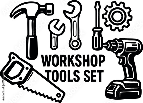 Workshop tools set including hammer wrench screwdriver saw drill and gear vector illustration for repair and construction work
