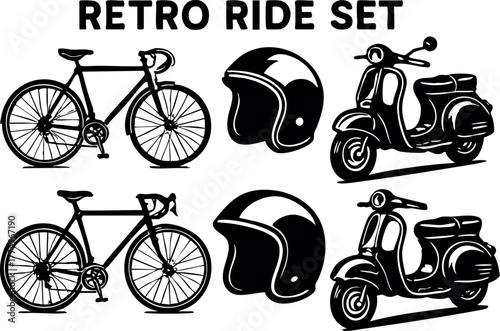 Retro ride set featuring vintage bicycles helmets and classic scooters in black and white vector illustration