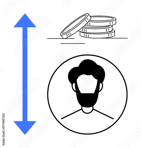 Stack of coins represents financial growth, upward-pointing arrow conveys progress, user profile symbolizes individual or workforce potential. Ideal for finance, career growth, HR, investments