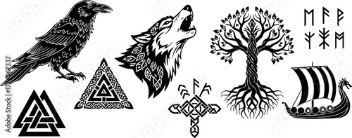 Viking symbols and Norse mythology icons including raven, wolf, tree, dragon ship, and runes vector set