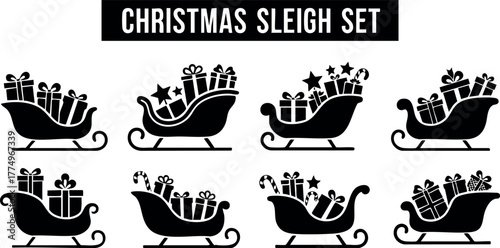 Christmas sleigh set with gift boxes holiday festive winter decoration vector icons collection