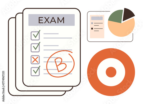 Exam paper with graded B, checklist, pie chart, and target visualizing performance, goals, and analysis. Ideal for education, assessment progress analytics achievement learning teaching. Simple