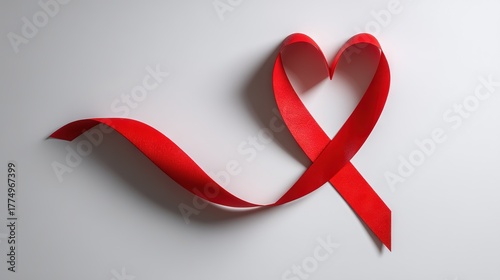 Single red ribbon in heart shape on light background—modern poster template for World AIDS Day awareness and prevention outreach