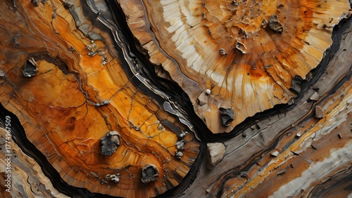 Abstract Cross-Section of Petrified Wood Texture with Rich Orange and Brown Tones, Showing Detailed Grain and Growth Rings 