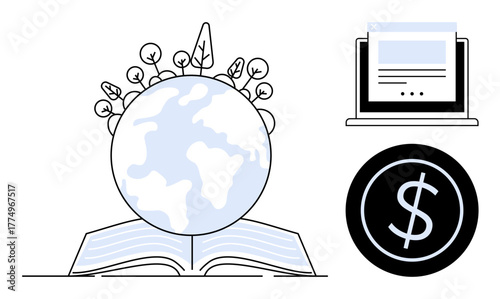 Globe with plants on top of an open book, accompanied by a laptop and dollar coin. Ideal for education, sustainability, e-learning, ecology, finance, knowledge sharing eco-consciousness. Simple flat