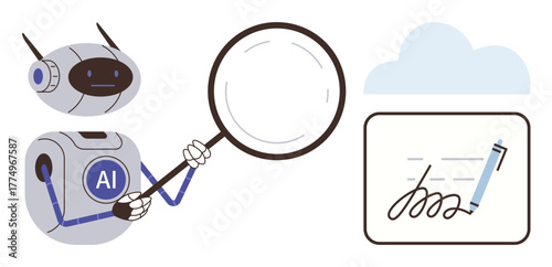 AI robot holding magnifying glass examines digital document with signature under cloud. Ideal for technology, AI, data analysis, security, digital transformation, automation, innovative solutions