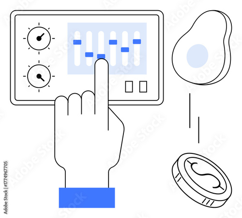 Hand interacting with sliders on a control panel, alongside abstract food and tech shapes. Ideal for innovation, food technology, automation, nutrition, design concepts, smart systems, simple flat
