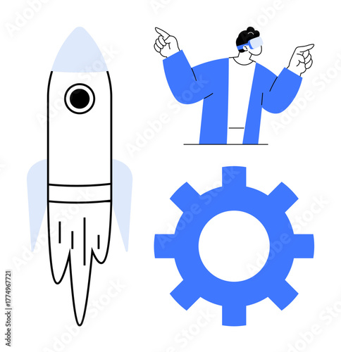 Rocket launch, gear for process, and individual with headset suggesting innovation, technology, and progress. Ideal for startups, teamwork, strategy exploration creativity innovation. Simple flat