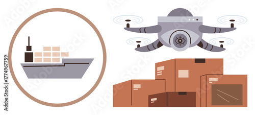 quadcopter flying near stacked parcels with cargo ship icon highlighting transportation. Ideal for logistics, delivery, shipping, supply chain, e-commerce, technology, innovation. Simple flat