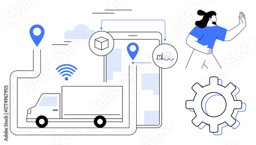 Delivery truck navigating a route with GPS, wireless signal, gears, and digital platform inclusion. Ideal for logistics, automation, supply chain, technology, management efficiency innovation