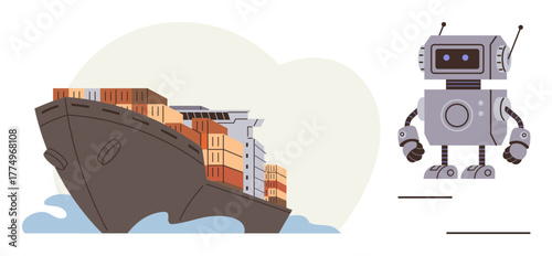 Cargo ship carrying containers across ocean waves next to a robot representing AI technology and automation. Ideal for shipping, technology, global trade, innovation, AI, logistics, progress, simple