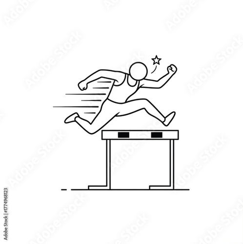 This line-art illustration depicts a dynamic athlete clearing a hurdle during a race. The figure is in mid-air, with one arm clenched in a determined fist and speed lines emphasizing rapid forward mot
