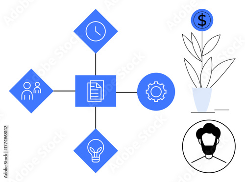 Document at center surrounded by gear, clock, team, idea icons connected by lines. Potted plant with dollar sign and user avatar on side. Ideal for planning, teamwork, time management, innovation