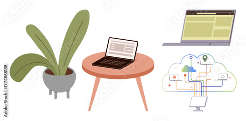 Open laptop on a table with a potted plant nearby, secondary laptop, and cloud diagram showcasing connectivity. Ideal for technology, remote work, sustainability, productivity, cloud systems, modern