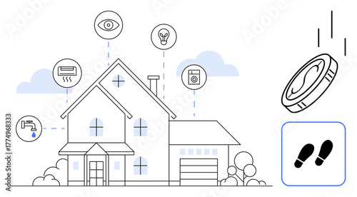Connected house featuring IoT devices for security, lighting, HVAC, energy monitoring. Ideal for home automation, energy efficiency, smart living, technology, convenience innovation simple flat