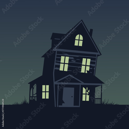 Spooky abandoned haunted house silhouette glowing windows at night