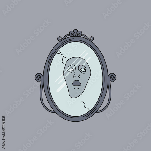 Distorted reflection in a cracked mirror conveys distress and broken identity