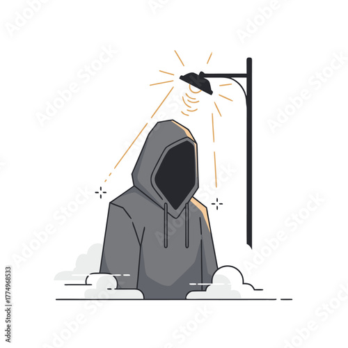 Mysterious hooded figure illuminated by streetlamp under night sky
