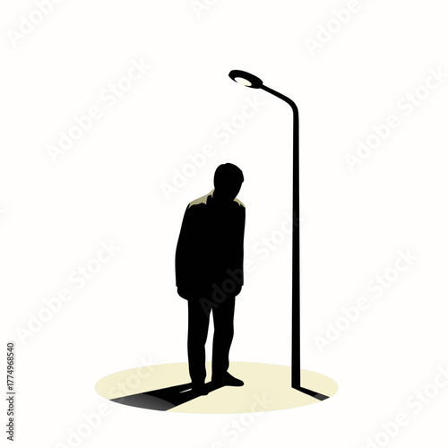 Man standing under street light casting long shadow thoughtful mood