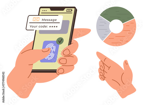Hand interacting with a smartphone using fingerprint reader and security code verification. Includes pie chart analysis. Ideal for cybersecurity, mobile apps, data security, biometrics, verification