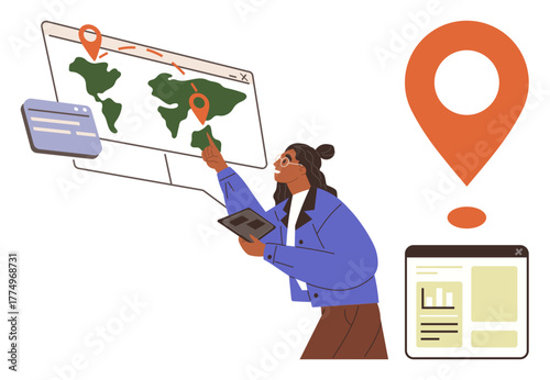 Individual interacting with digital map on a screen, analyzing location markers using a tablet. Ideal for navigation, logistics, travel, technology, analytics, research communication. Simple flat