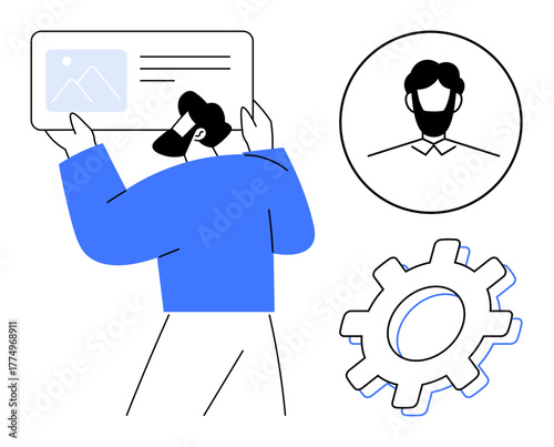 Person reviewing profile with a portrait and gear symbolizing user settings, customization, and project management. Ideal for user management, technology, teamwork, profile setup, workflow
