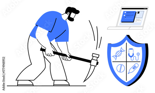 Man swinging hammer at shield with DNA, stethoscope, baseball, pencil icons next to laptop screen. Ideal for cybersecurity, hacking, data protection, healthcare privacy, malware online threats flat