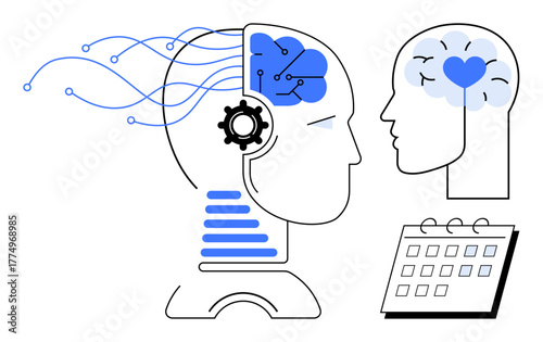 Human head connected with AI brain, gear symbolizing technology, emotional brain with heart, and calendar. Ideal for artificial intelligence, technology, innovation, collaboration, neuroscience time