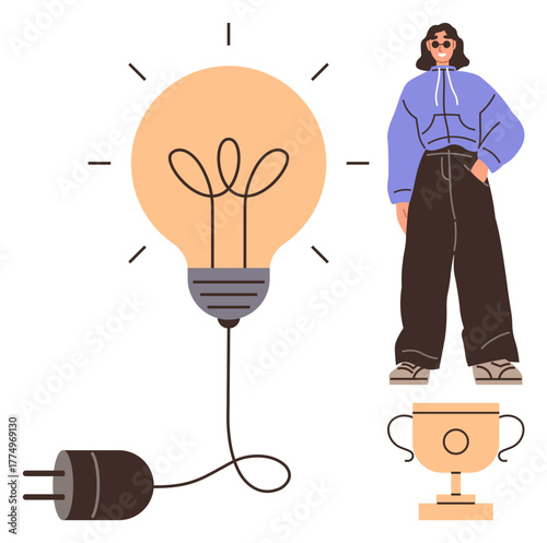 Woman in casual outfit next to glowing bulb with unplugged cord and trophy symbolizing creativity, innovation, and accomplishment. Ideal for innovation, success, self-growth, empowerment, motivation