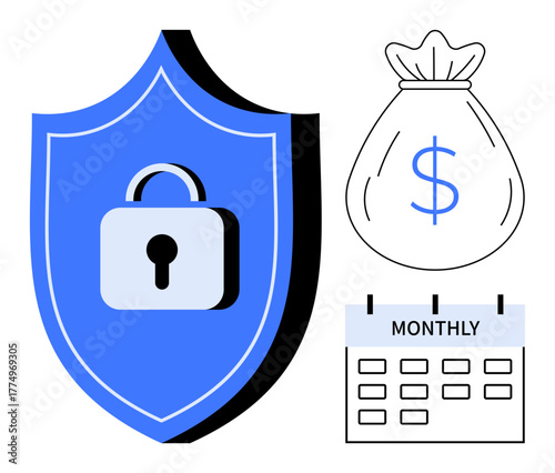 Shield with locked padlock, dollar-marked money bag, and monthly calendar highlighting financial protection. Ideal for savings, budgeting, finance, cybersecurity, income stability, deposits economic