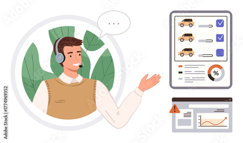 Customer service representative wearing a headset explaining vehicle selection and performance, with data charts and report sheets. Ideal for automotive, analytics, guidance, technology