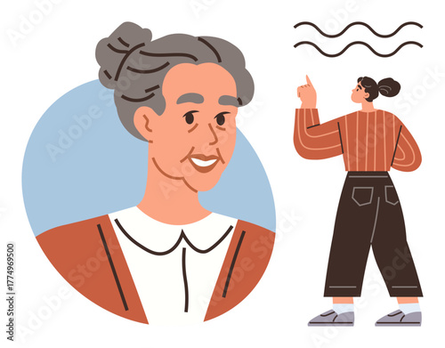 Elderly woman smiling in profile view, teacher figure writing or pointing at lines. Ideal for education dynamics, generational themes, wisdom, mentoring, teaching, knowledge transfer, and life