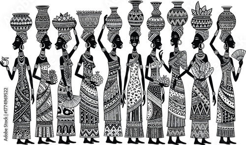 Traditional african women carrying water pots on their heads in a line artistic illustration
