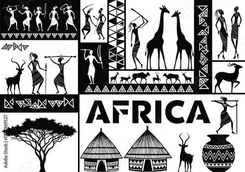 Collage of african cultural motifs featuring dancers giraffes tribal patterns huts trees and animals in black and white