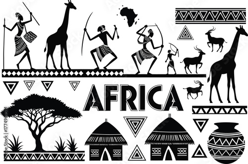 African tribal art silhouette collection featuring giraffes warriors village hut tree and decorative patterns