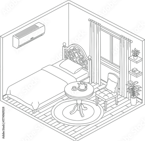 Isometric sketch of a cozy bedroom interior with a bed nightstand air conditioner and decorative elements