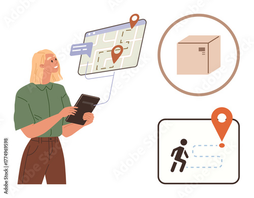 Woman using a tablet to follow delivery details, route map with location pins, package, and runner icon highlighted. Ideal for logistics, delivery tracking, e-commerce, customer service, navigation