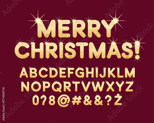 Golden Merry Christmas Alphabet Font with Festive Starbursts