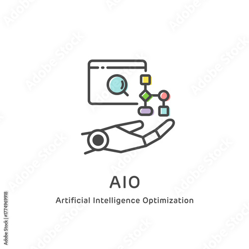 次世代のSEO対策「AIO（AI検索最適化）」の線画アイコン (ベクター素材)