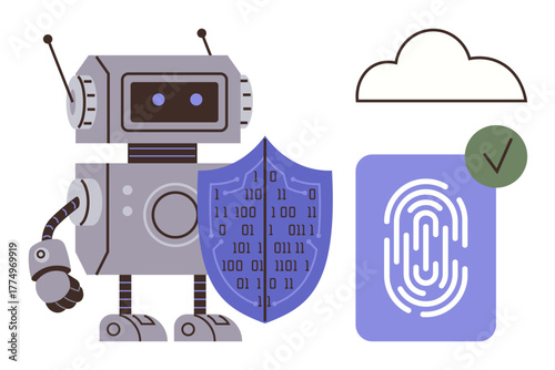 Robot holding binary shield alongside fingerprint and cloud icons. Ideal for AI, data protection, cybersecurity, biometric ID, cloud storage, encryption, digital safety. Simple flat metaphor