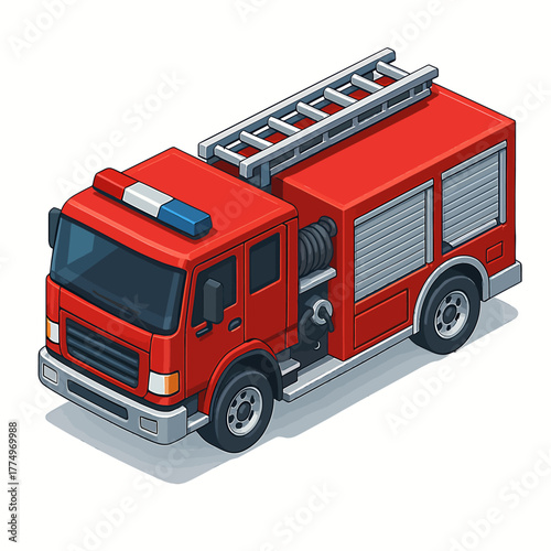 Isometric view of a red fire truck with a ladder, emergency services concept