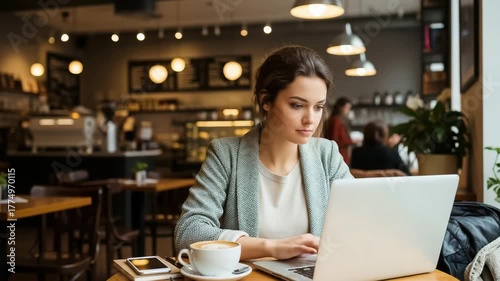 Young woman working on a laptop in a cozy cafe with a cup of coffee on the table