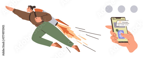 Woman with jetpack flying forward, symbolizing progress, goal achievement. Smartphone with security code, representing technology, security. Ideal for innovation, speed, success creativity