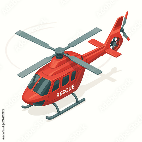 Red rescue helicopter with rotor blades in motion, symbolizing emergency services and aerial assistance on a clean background