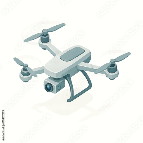 A modern unmanned aerial vehicle or quadcopter drone with propellers and an integrated camera, depicted in a clean isometric vector illustration style